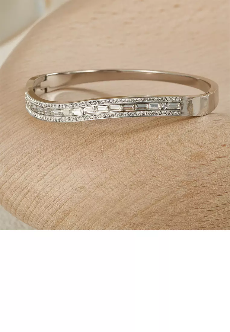 Glamorousky Fashion Personality 316L Stainless Steel Irregular Geometric Bangle with Cubic Zirconia