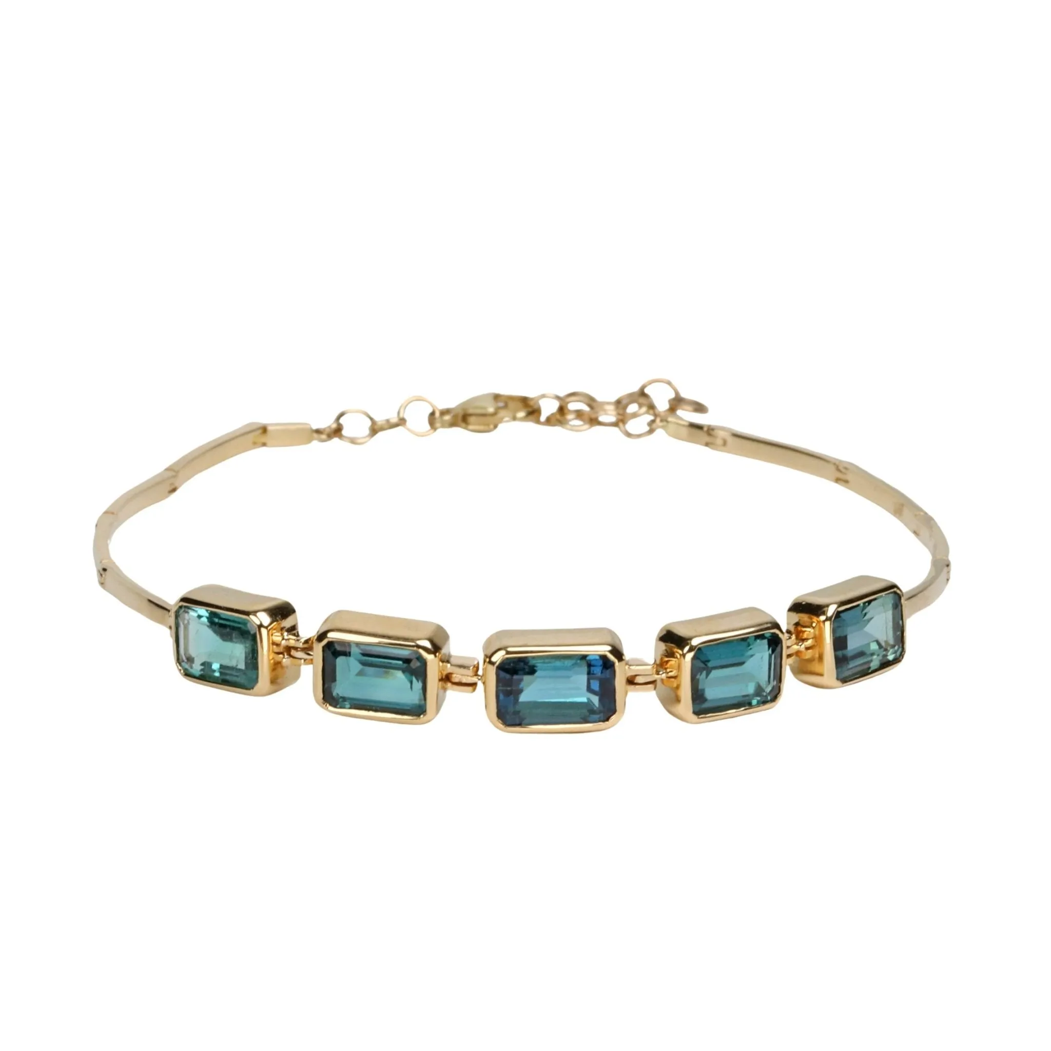 Gold Articulated Bezel-Set Blue-Green Tourmaline Baguette Bracelet