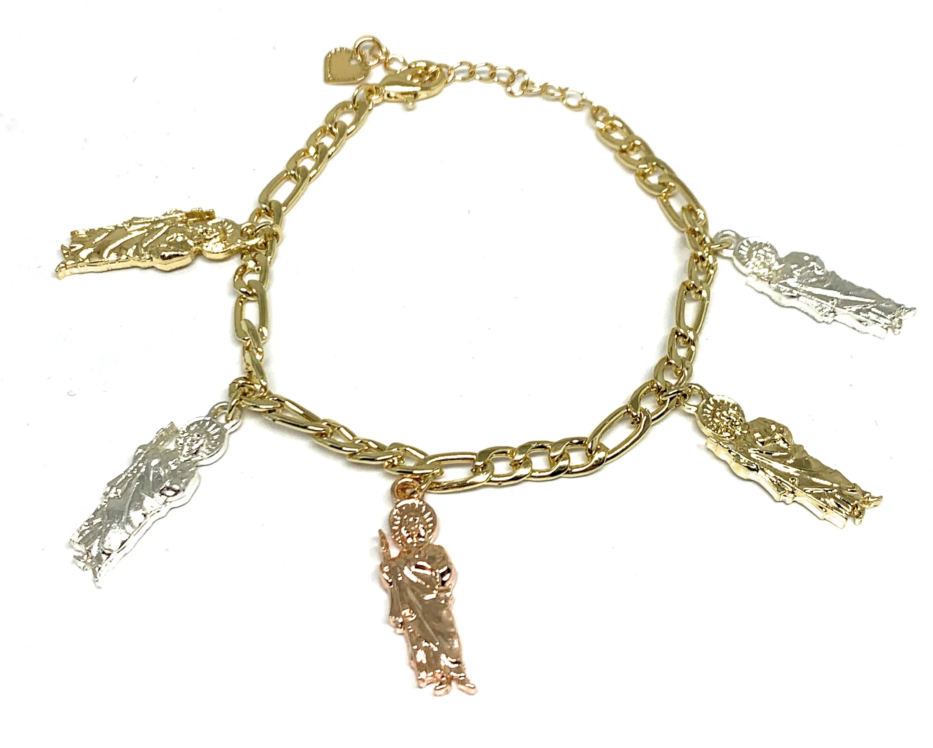 Gold Plated Tri-Color Saint Jude Charms Figaro Bracelet San Judas Esclava 8