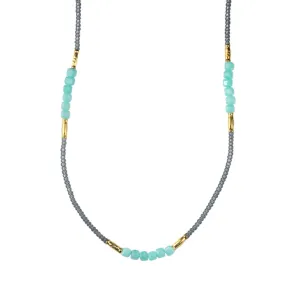 Grey Seed Bead Necklace with Amazonite & Gold Vermeil Stations