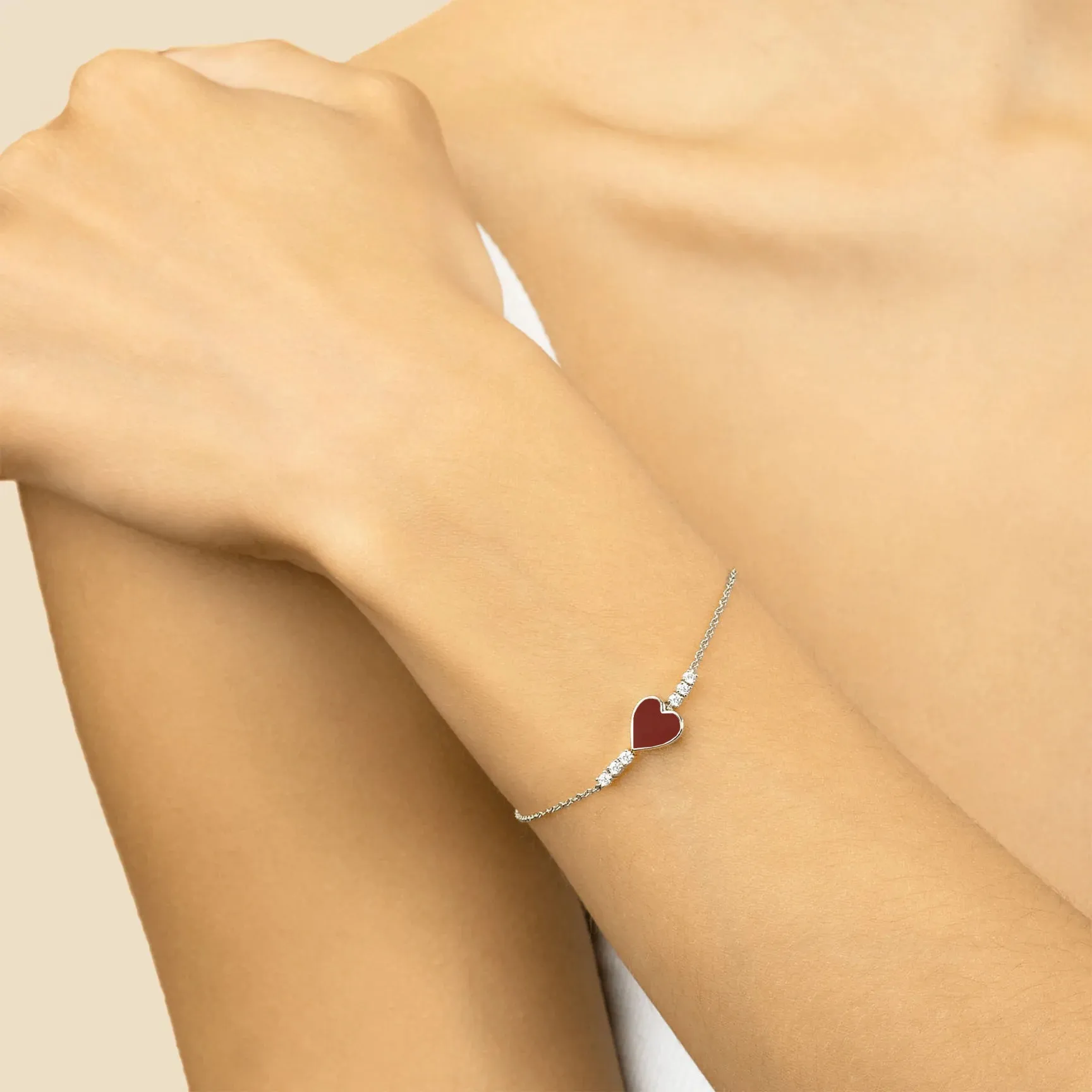 Heart Bracelet - White Diamond and Carnelian / 14k White Gold