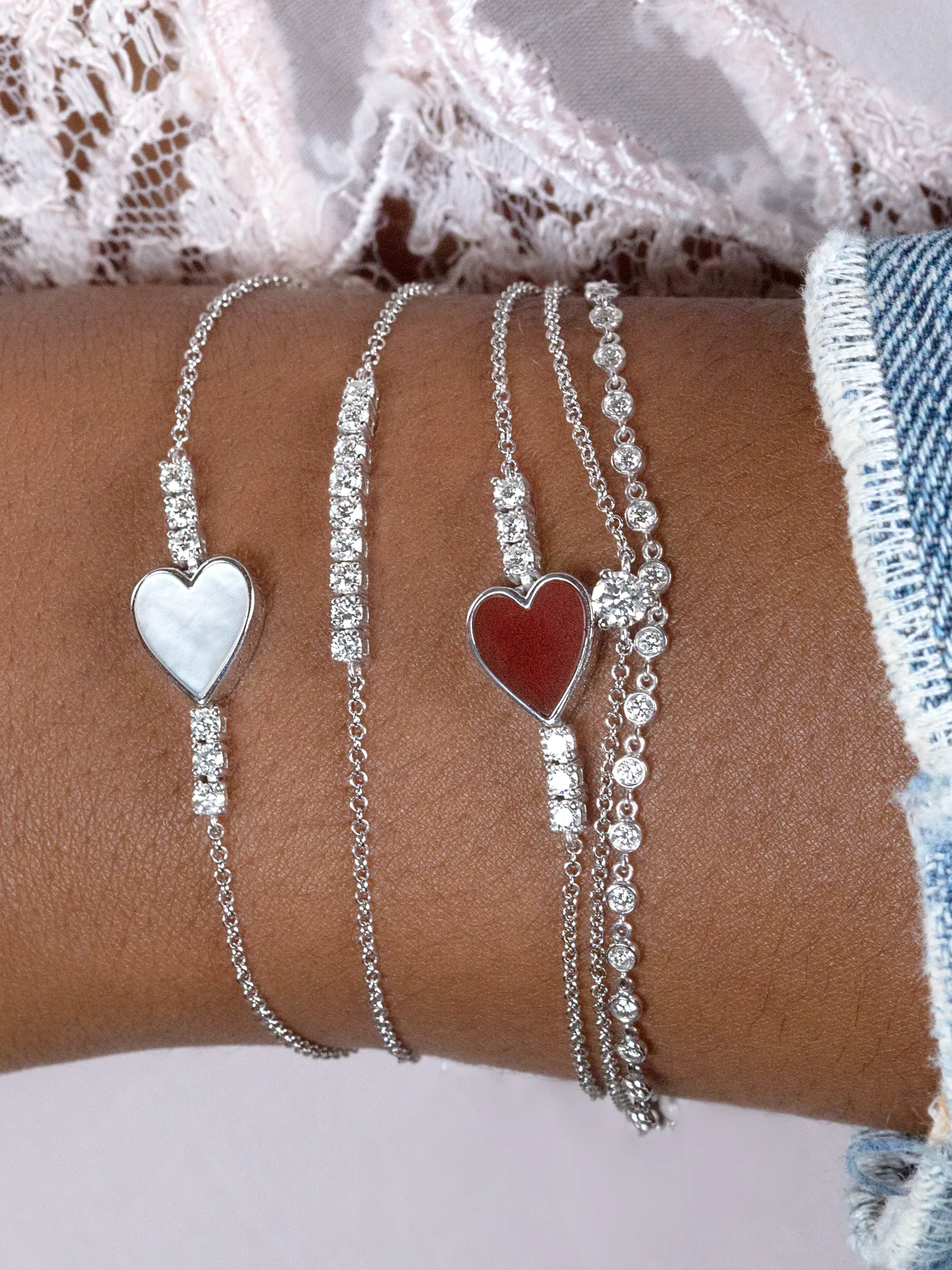 Heart Bracelet - White Diamond and Carnelian / 14k White Gold