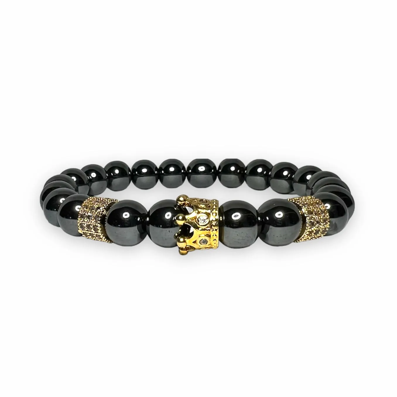 Hematite Stone Bracelet, Gold Crown with Clear Zirconia