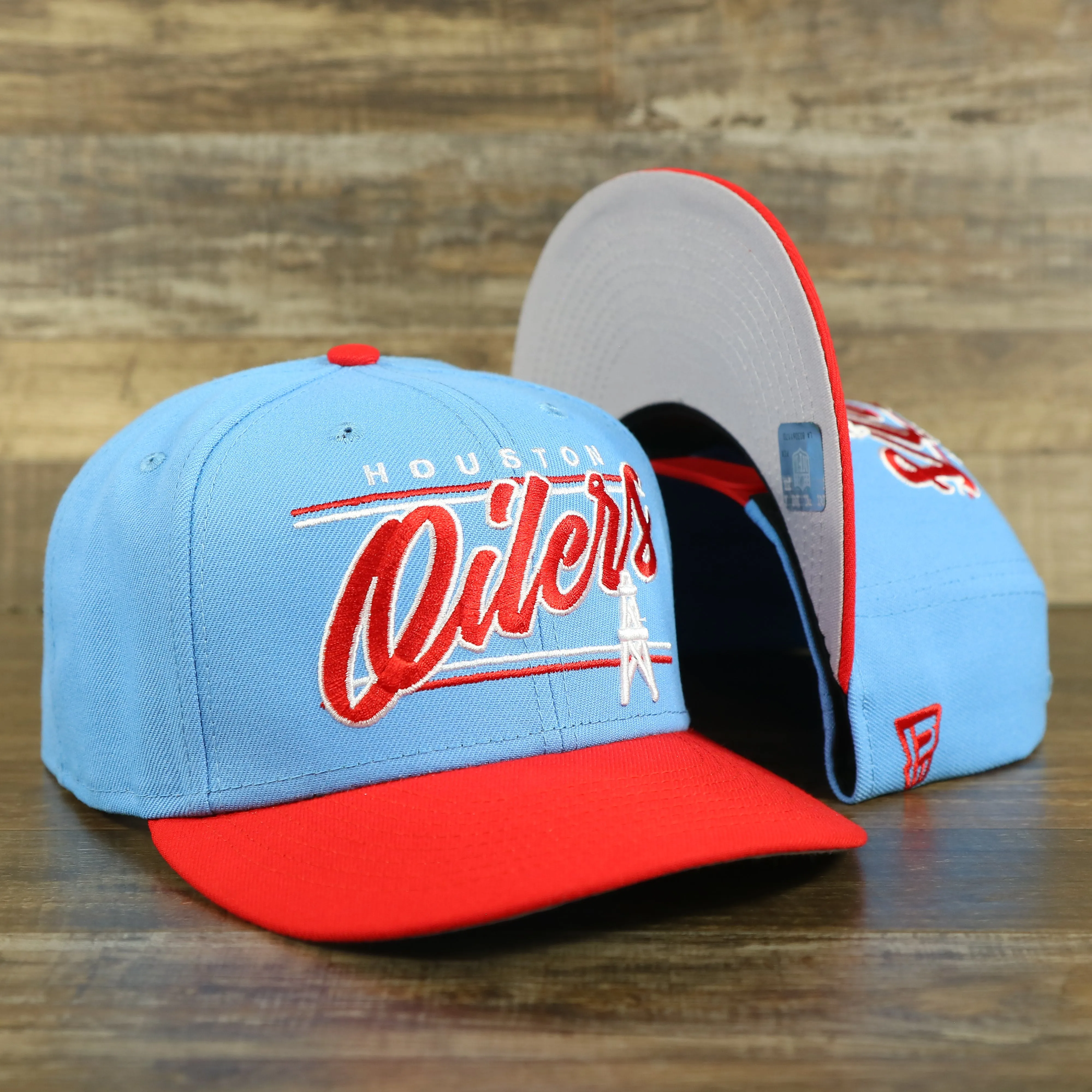 Houston Oilers Vintage Team Script College Bar Gray UV 9Fifty Snapback | Light Blue/Rd 9Fifty Snapback Hat