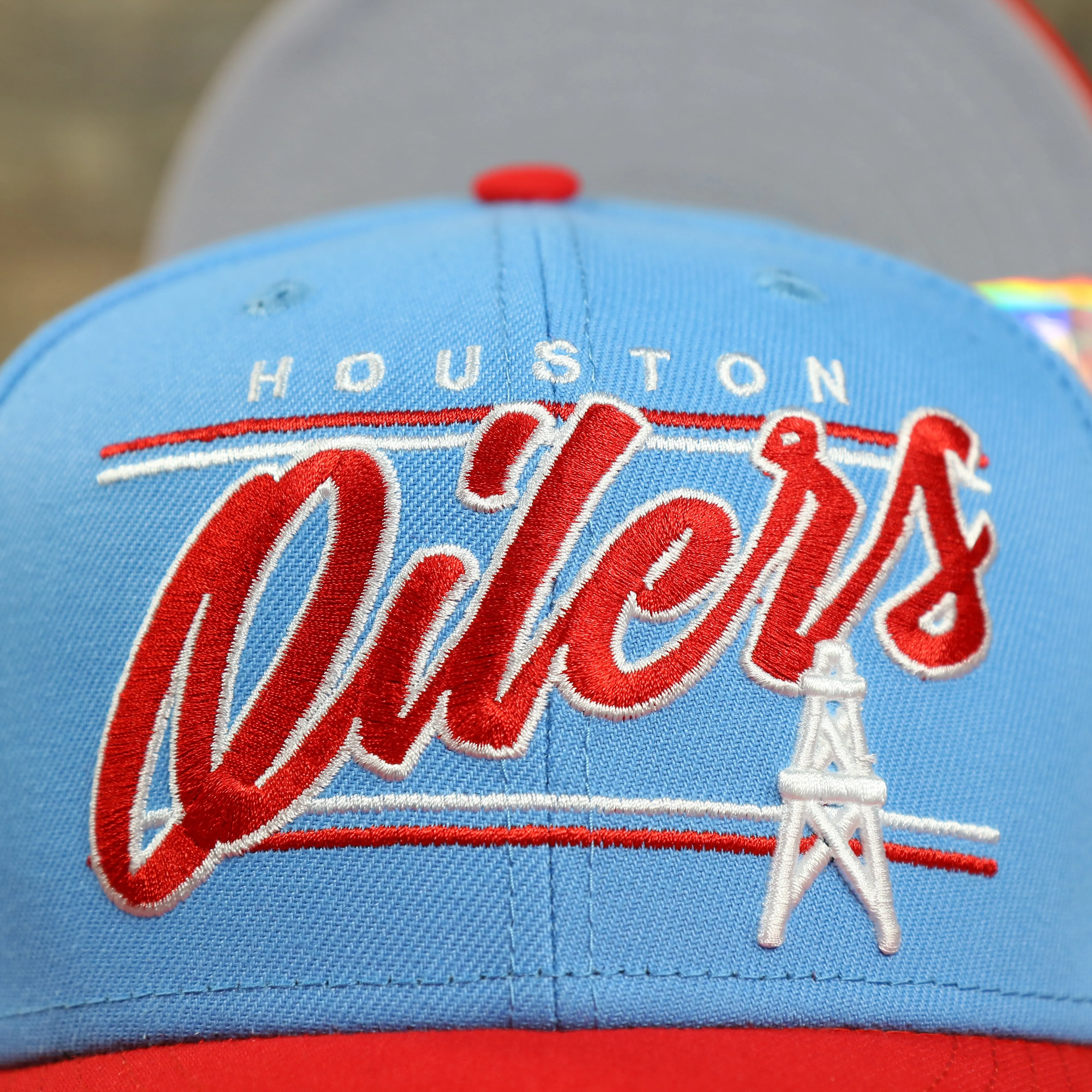 Houston Oilers Vintage Team Script College Bar Gray UV 9Fifty Snapback | Light Blue/Rd 9Fifty Snapback Hat