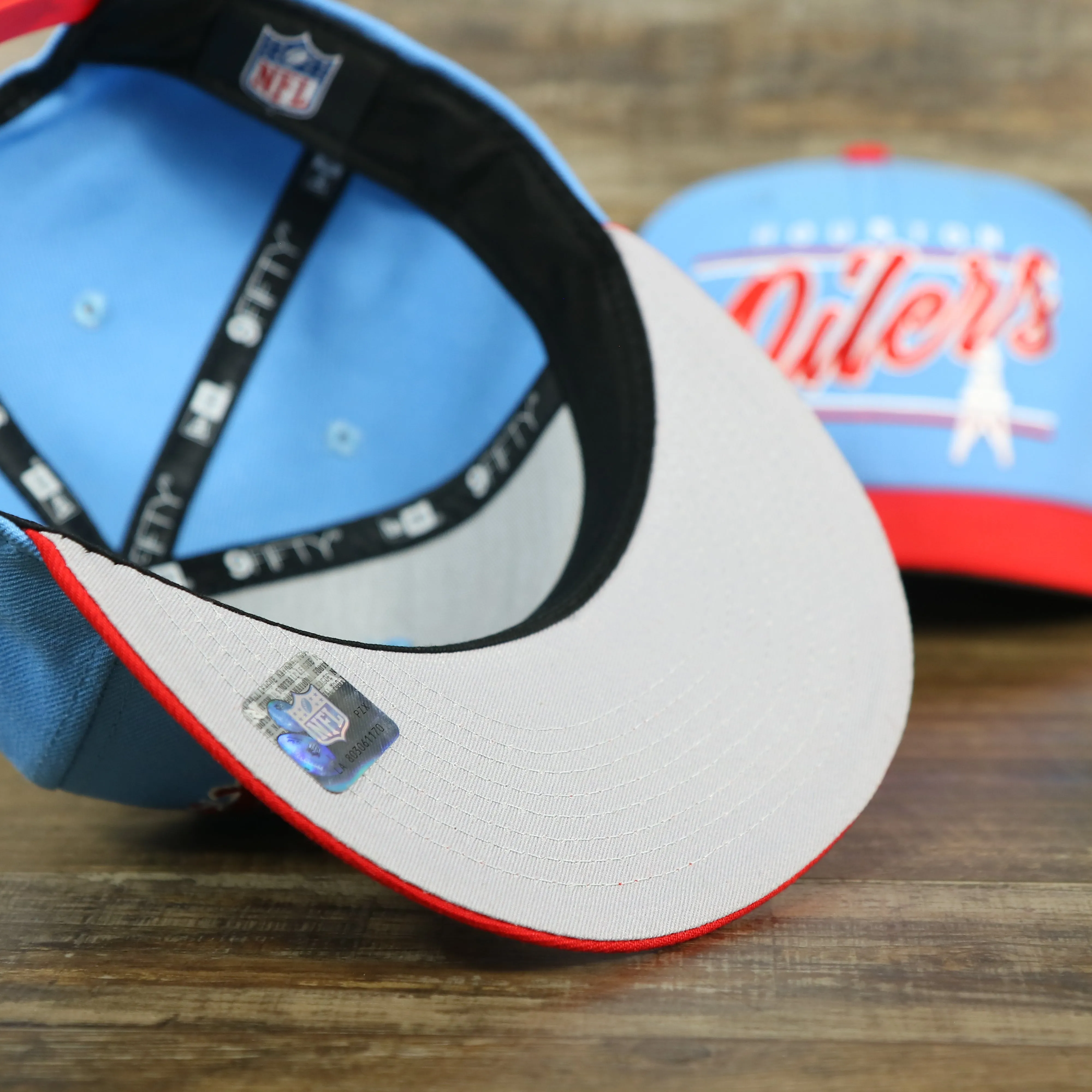 Houston Oilers Vintage Team Script College Bar Gray UV 9Fifty Snapback | Light Blue/Rd 9Fifty Snapback Hat