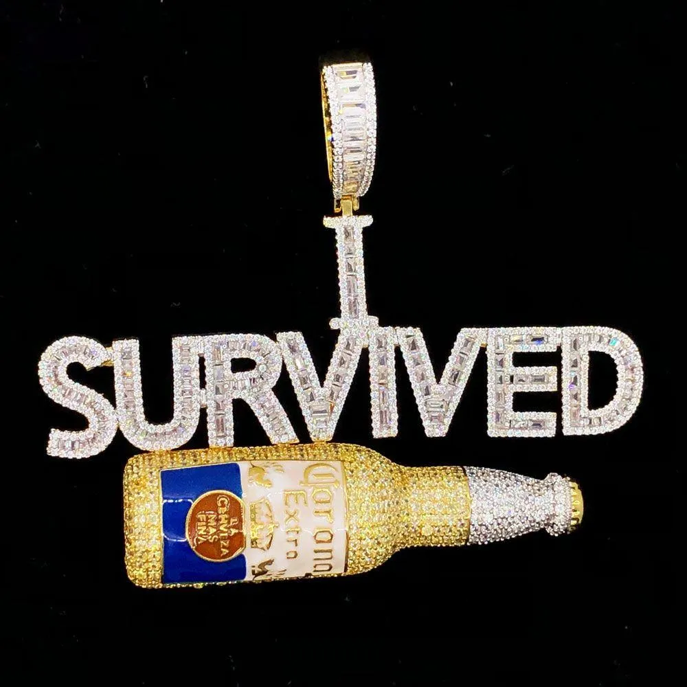 I Survived Corona Baguette CZ Hip Hop Bling Bling Pendant