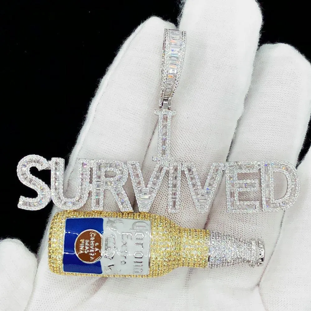 I Survived Corona Baguette CZ Hip Hop Bling Bling Pendant