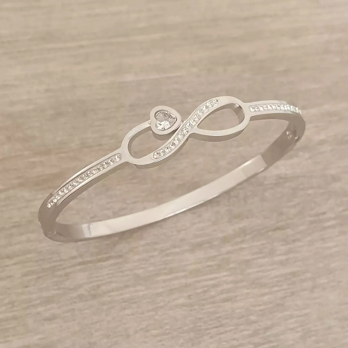 Isadora Infinity CZ Bangle, Stainless Steel Clip Open Bangle, Size: 58mm Diameter