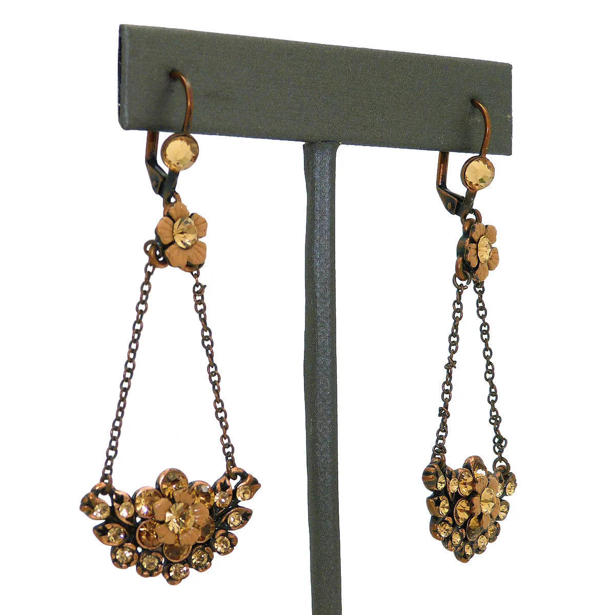 Israeli Designer Inspired Amber Bronze Earrings Flower Crystal Dangle