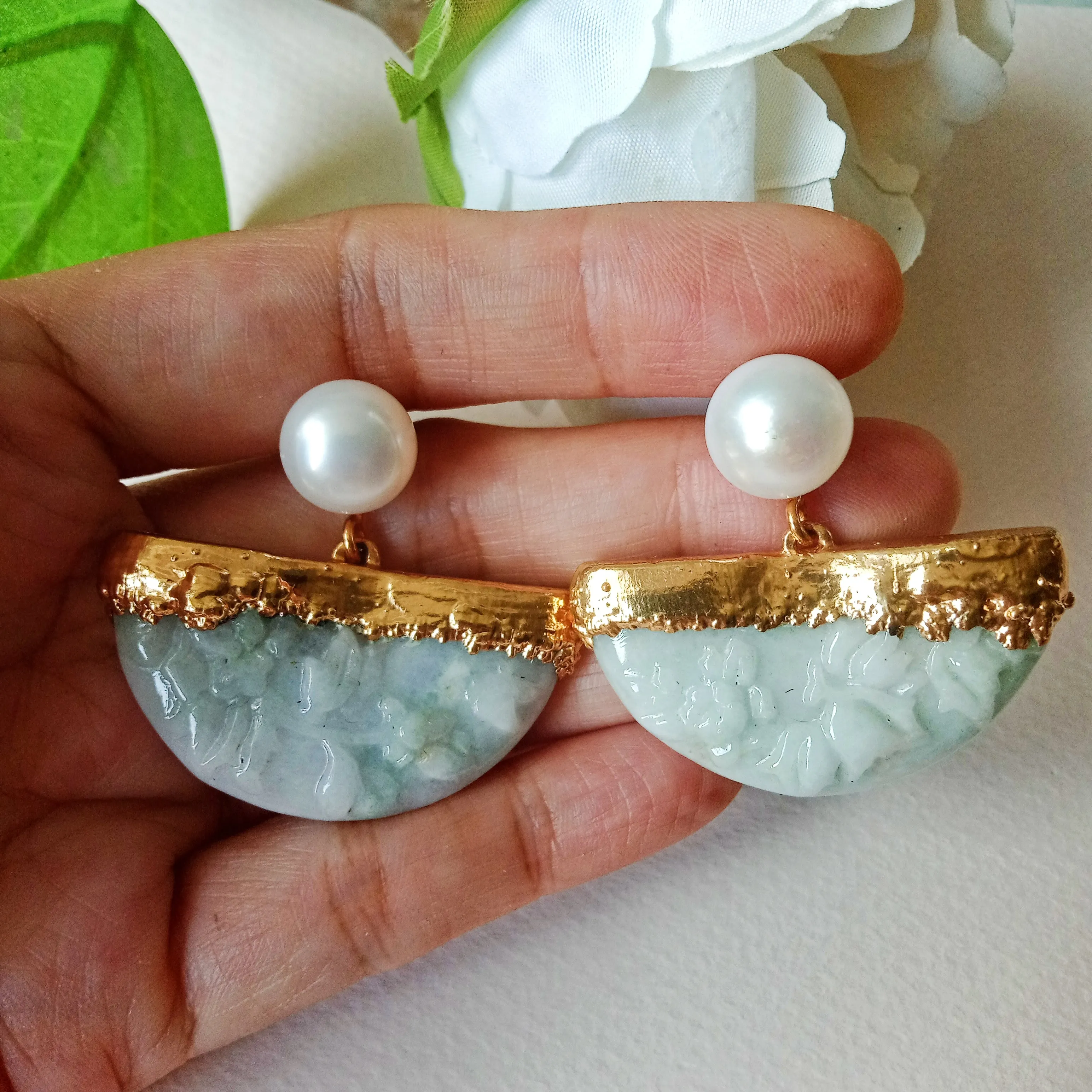 Jade half moon flower spray FW pearl earrings