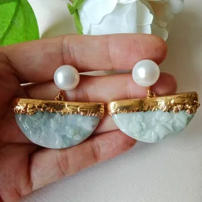 Jade half moon flower spray FW pearl earrings