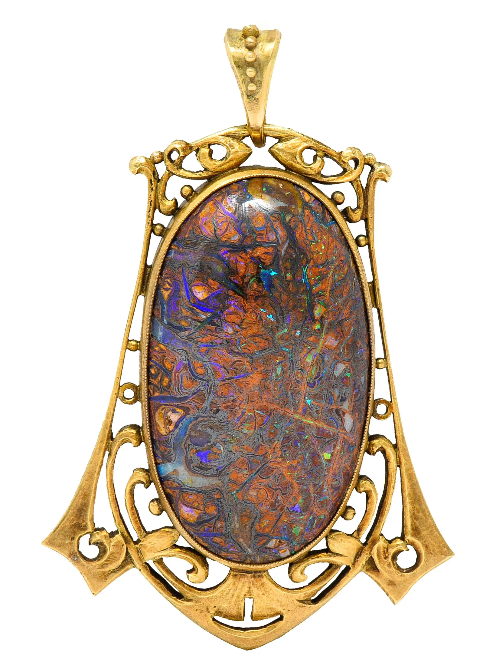 James Winn Arts & Crafts Boulder Opal 18 Karat Yellow Gold Statement Antique Pendant