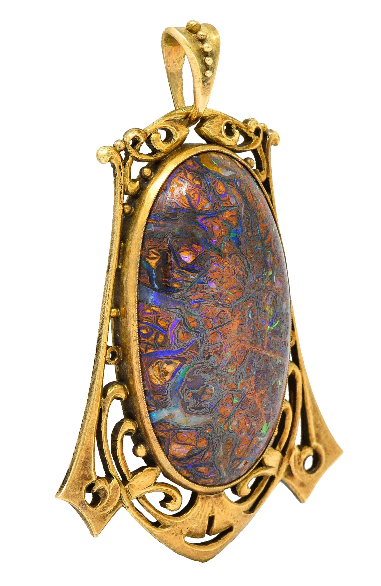 James Winn Arts & Crafts Boulder Opal 18 Karat Yellow Gold Statement Antique Pendant