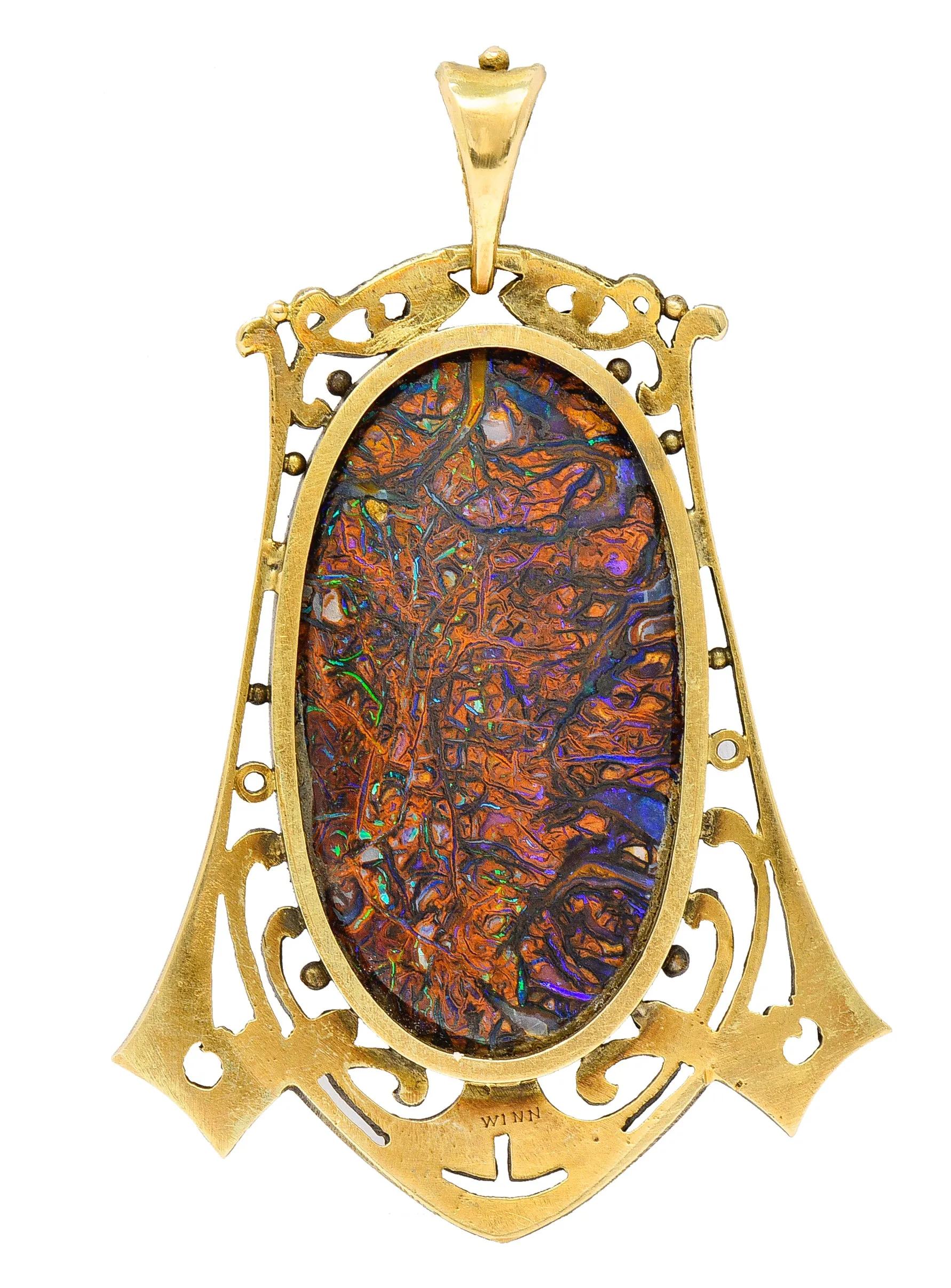 James Winn Arts & Crafts Boulder Opal 18 Karat Yellow Gold Statement Antique Pendant