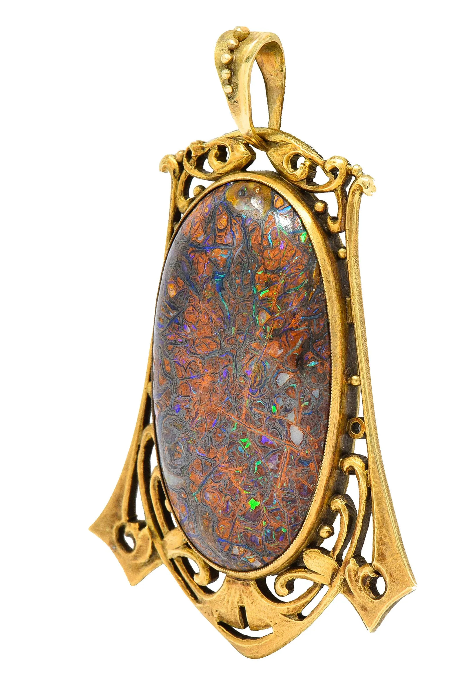 James Winn Arts & Crafts Boulder Opal 18 Karat Yellow Gold Statement Antique Pendant