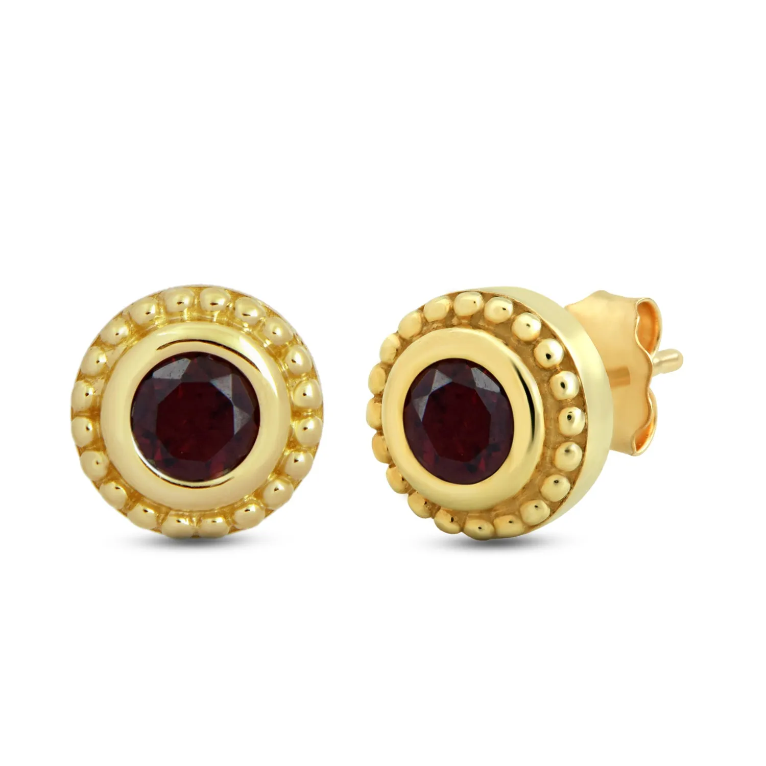 Jewelili 10K Yellow Gold with Natural Round Garnet Stud Earrings