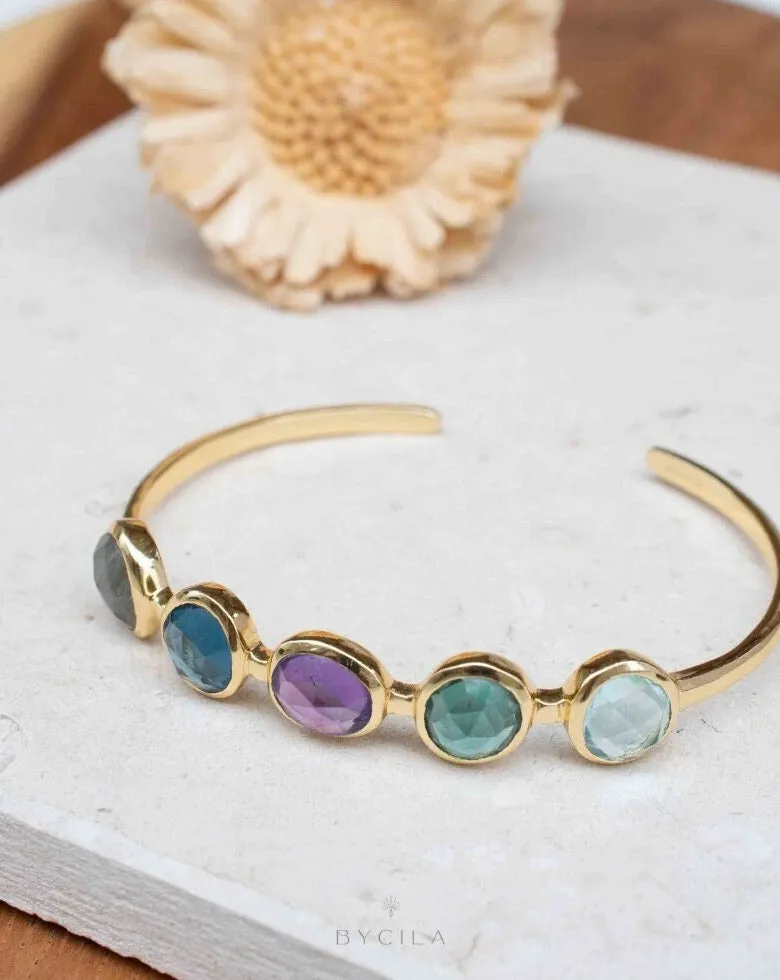 Labradorite, Iolite hydro, Amethyst, Green Tourmaline hydro & Blue Topaz  * Bangle Bracelet * Gold Plated  * Adjustable * BJB057