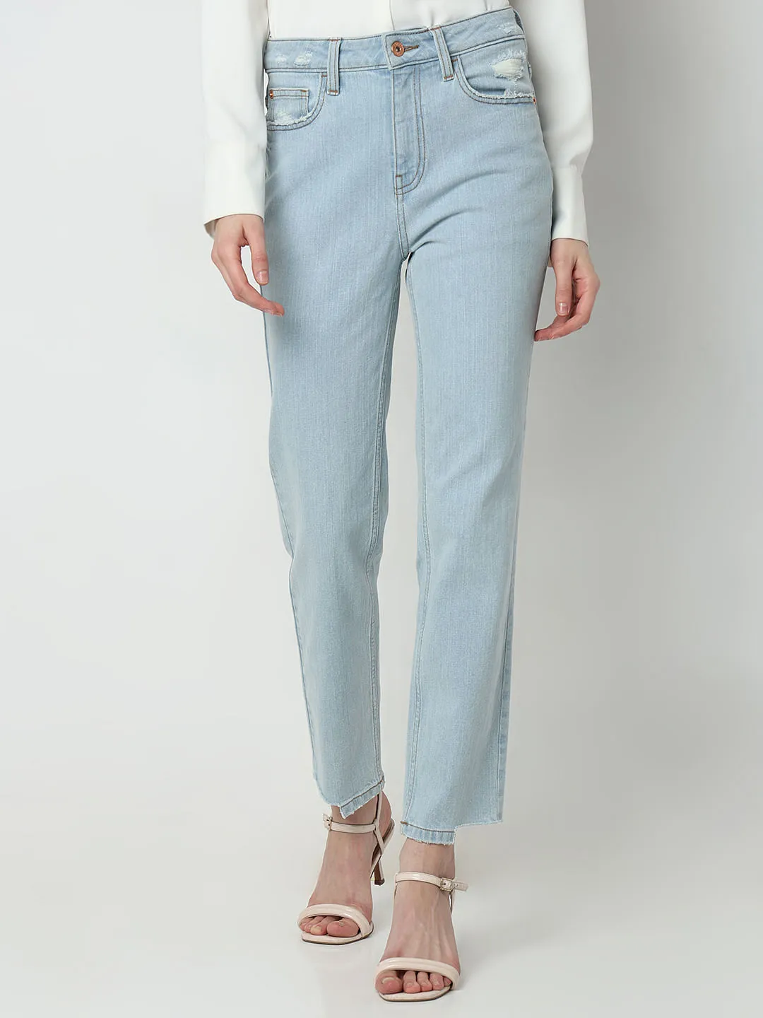 Light Blue High Rise Distressed Jade Straight Jeans