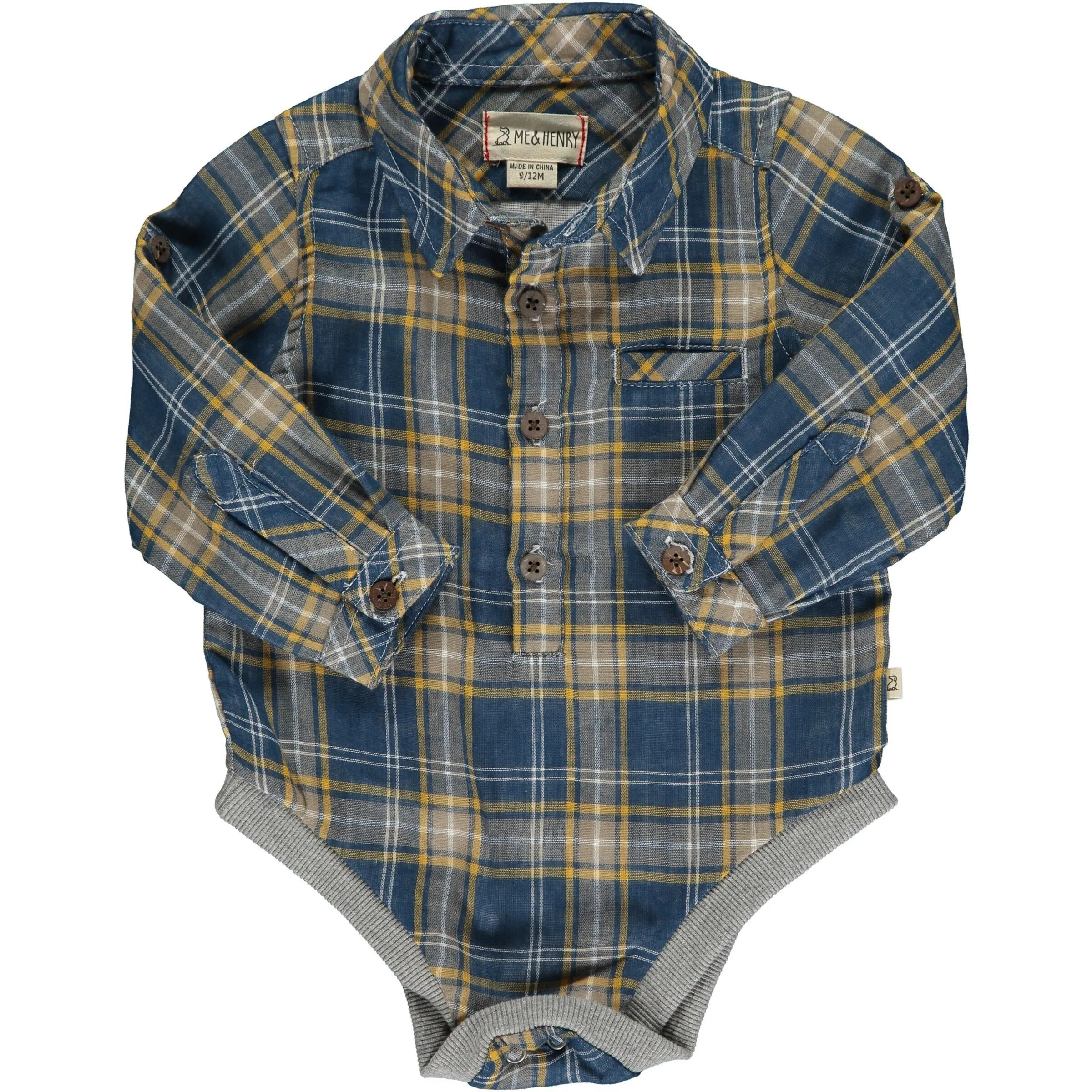 Me & Henry Jasper  Woven Onesie | Blue/Grey Plaid