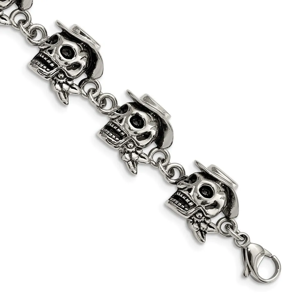 Men's Stainless Steel Antiqued Pirate Skull 8.5 Inch Bracelet