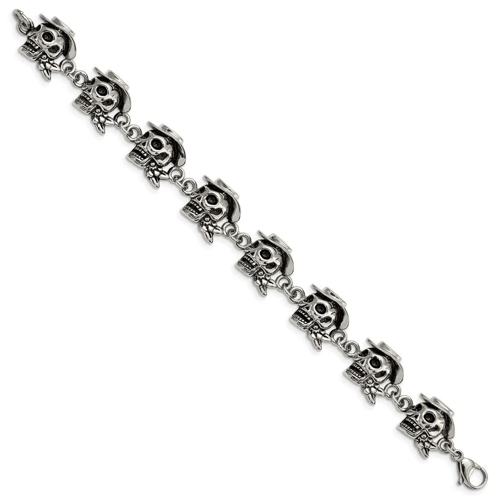 Men's Stainless Steel Antiqued Pirate Skull 8.5 Inch Bracelet