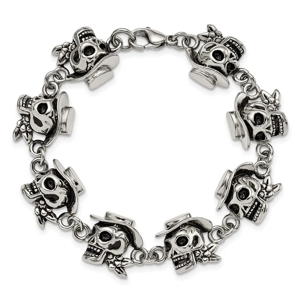 Men's Stainless Steel Antiqued Pirate Skull 8.5 Inch Bracelet