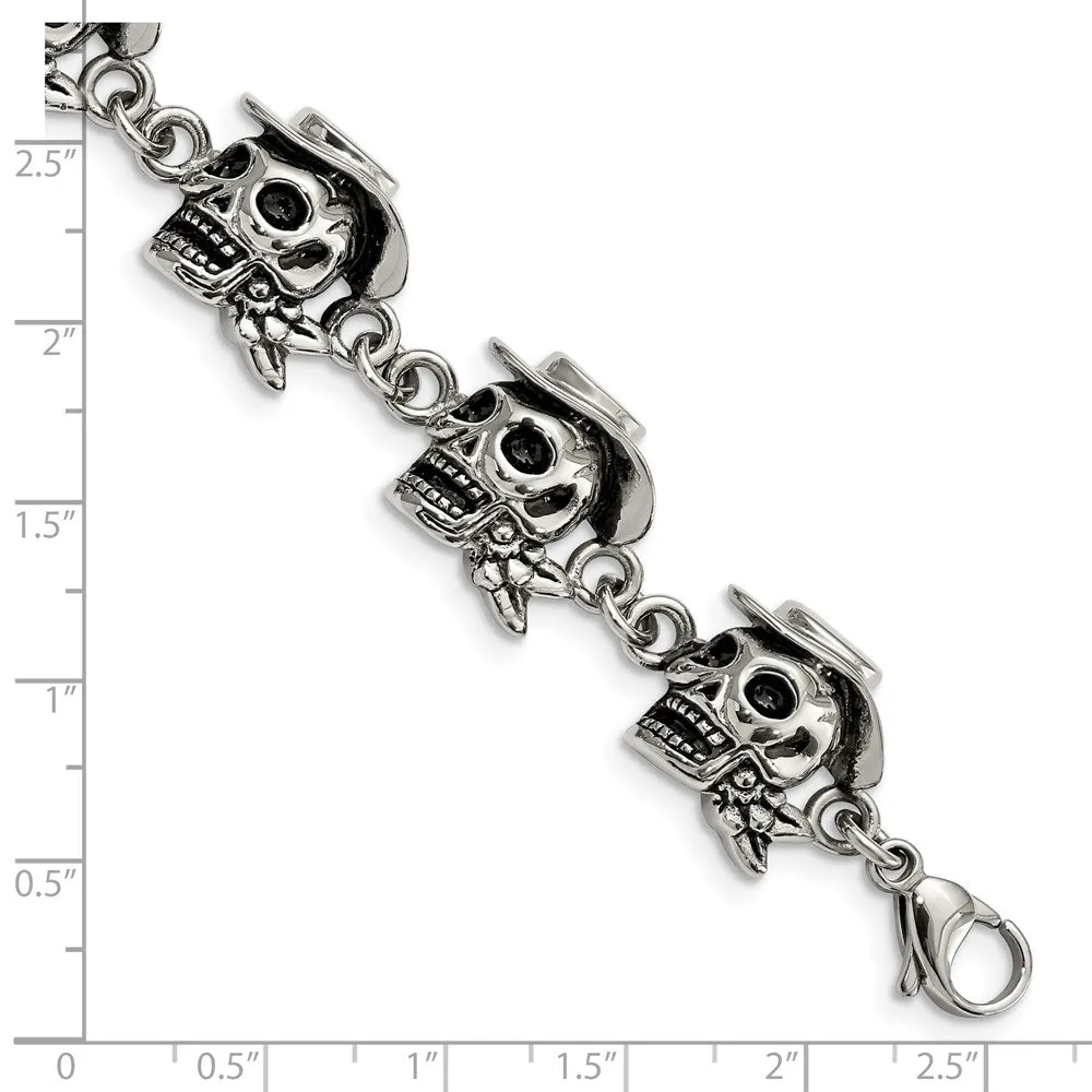 Men's Stainless Steel Antiqued Pirate Skull 8.5 Inch Bracelet