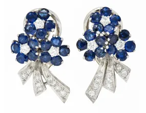 Mid-Century 4.55 CTW Sapphire Diamond Platinum Bouquet Earrings Circa 1950