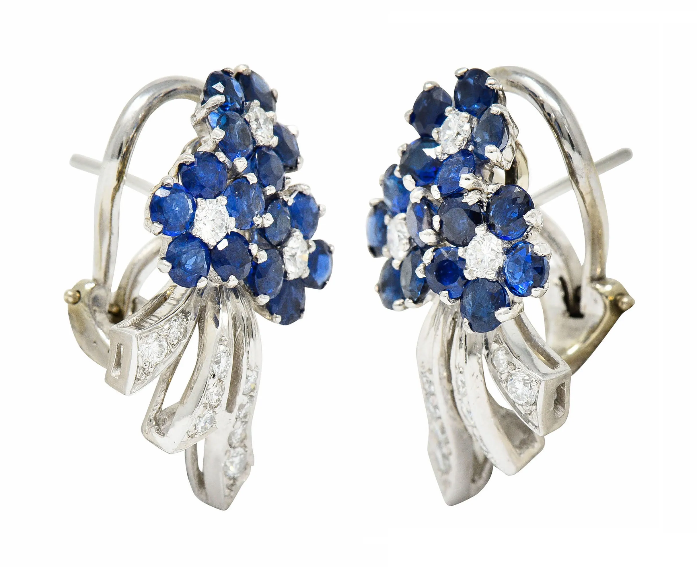 Mid-Century 4.55 CTW Sapphire Diamond Platinum Bouquet Earrings Circa 1950