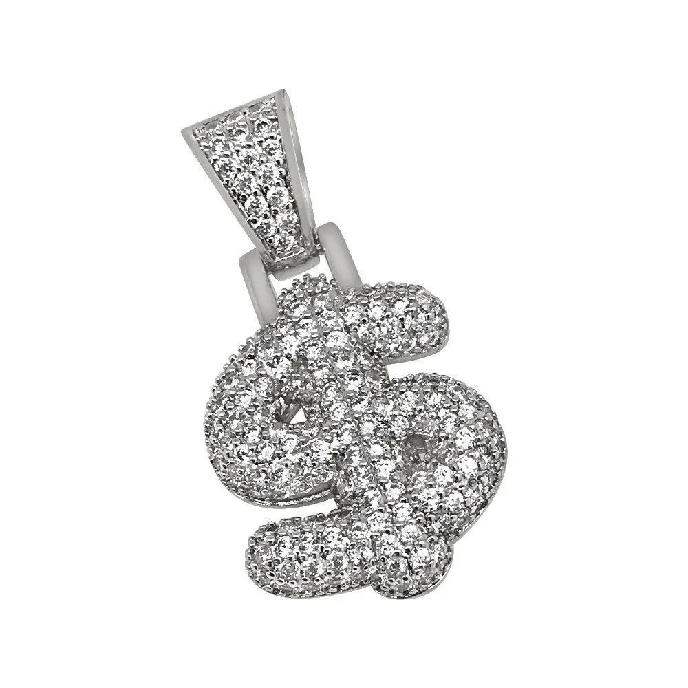 Money US Dollar Symbol Rhodium CZ Bling Bling Pendant