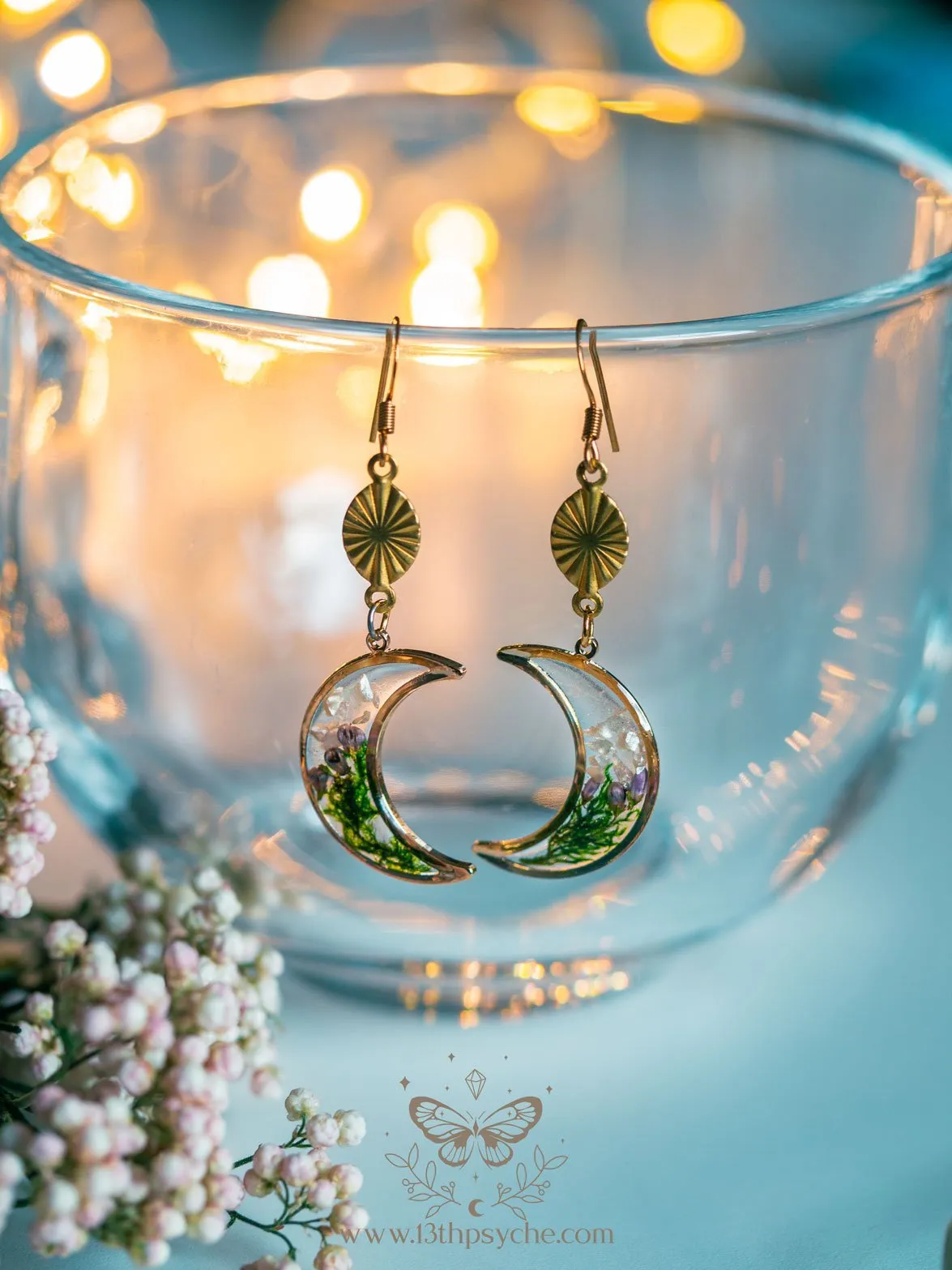 Moss and flowers dangle crescent moon earrings