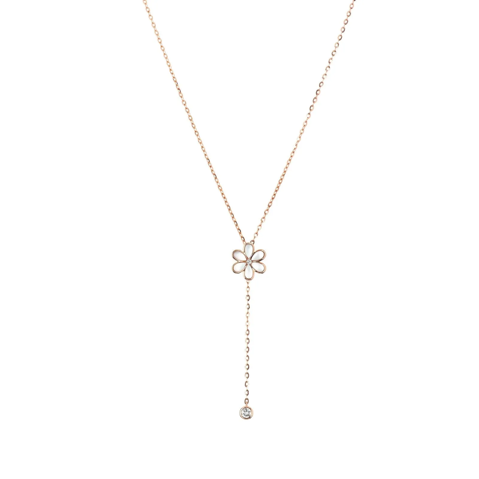 Mother of Pearl Flower and Diamond Drop Lariat Necklace