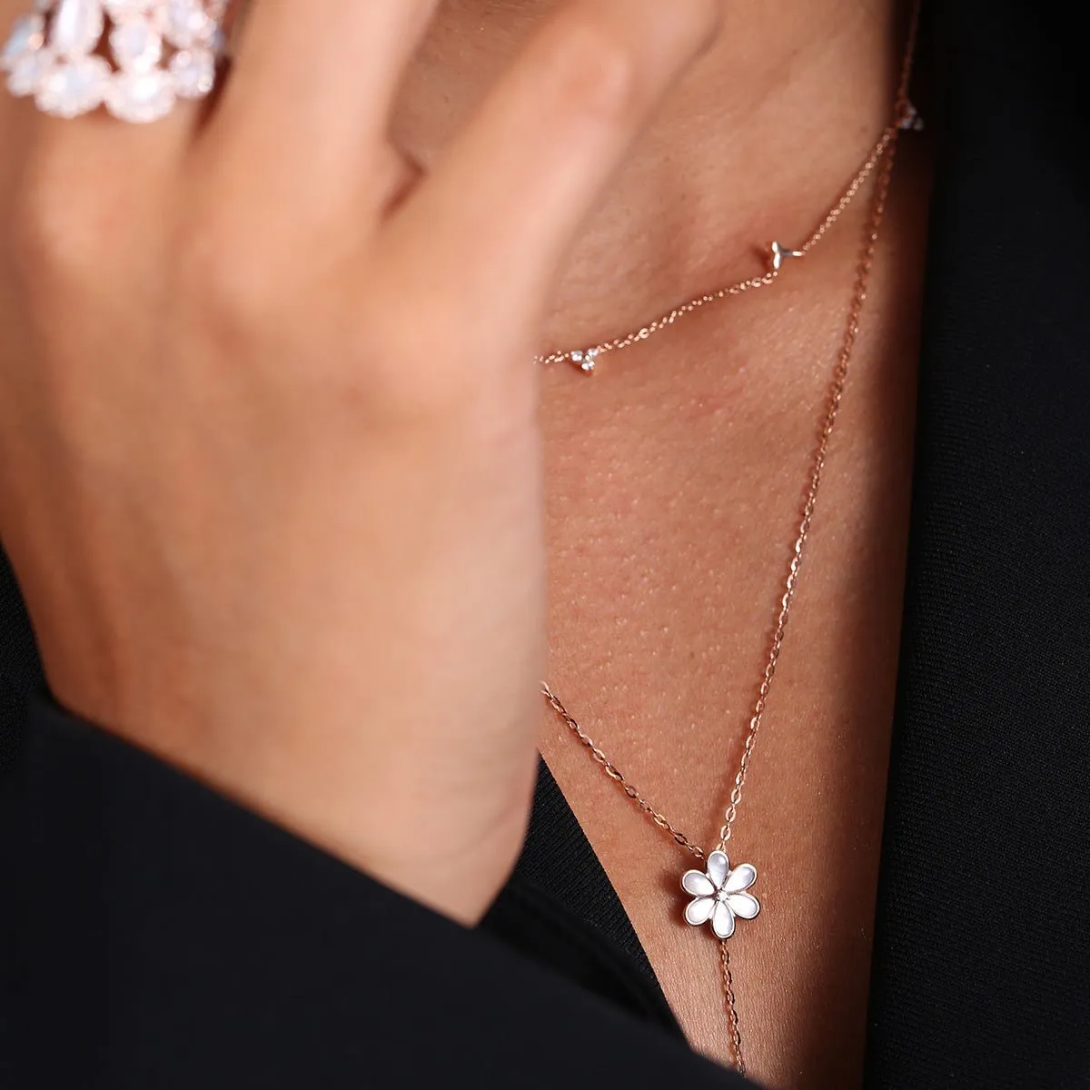 Mother of Pearl Flower and Diamond Drop Lariat Necklace