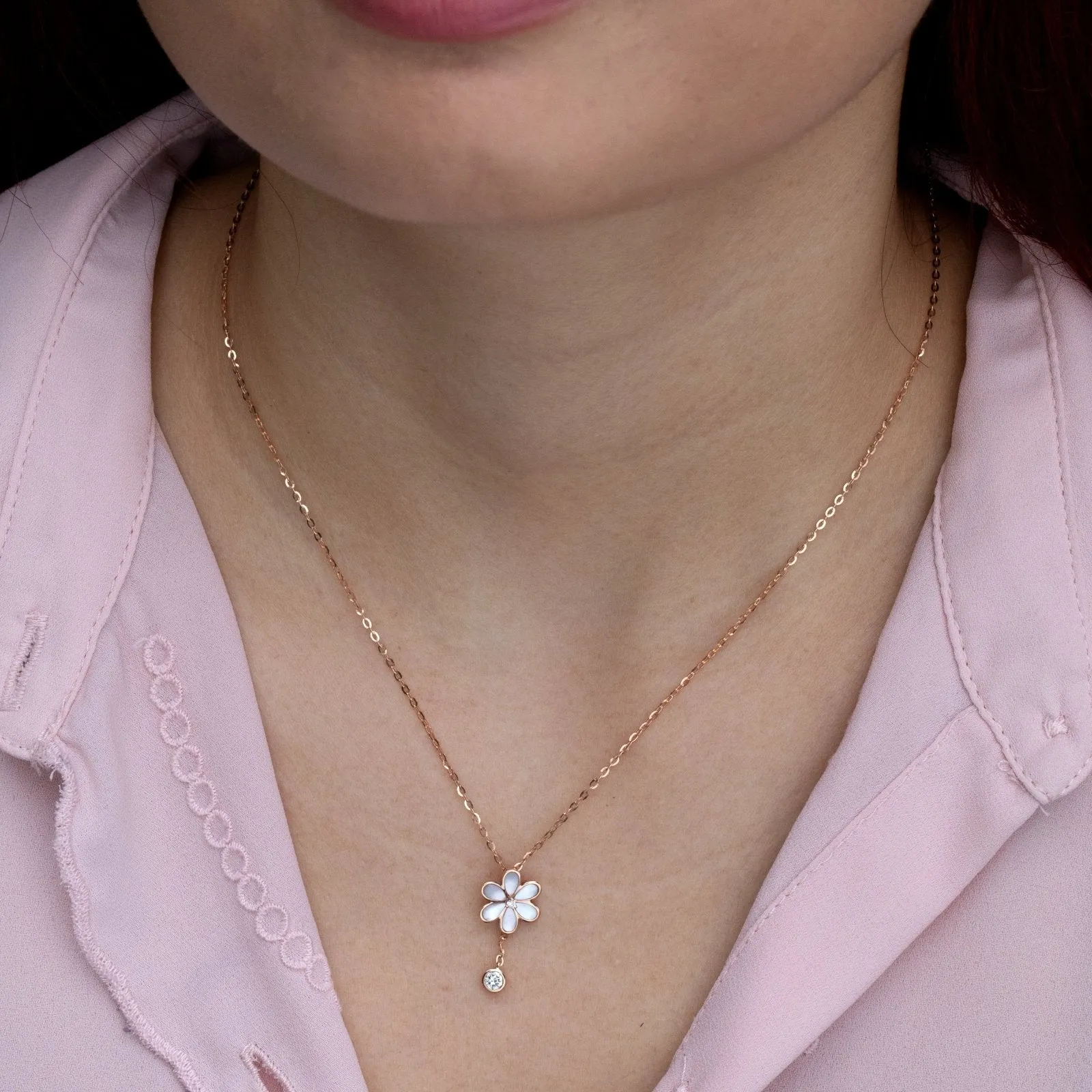 Mother of Pearl Flower and Diamond Drop Lariat Necklace