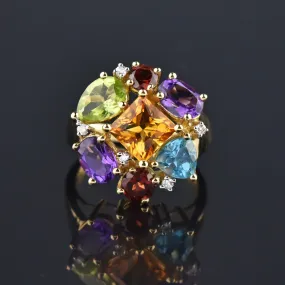 Multi Gemstone Harlequin Heavy 14K Gold Cocktail Ring, GIA Cert