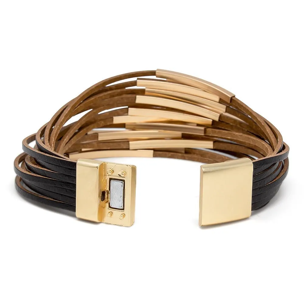 Multi Strand Leather Bracelet with Golden Bars Black