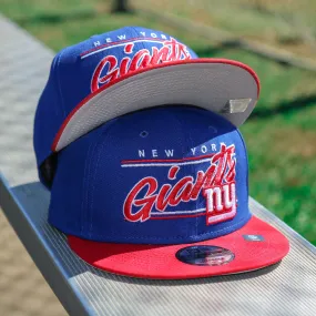 New York Giants Team Script College Bar Gray Bottom 9Fifty Snapback | Royal Blue And Red Snap Cap