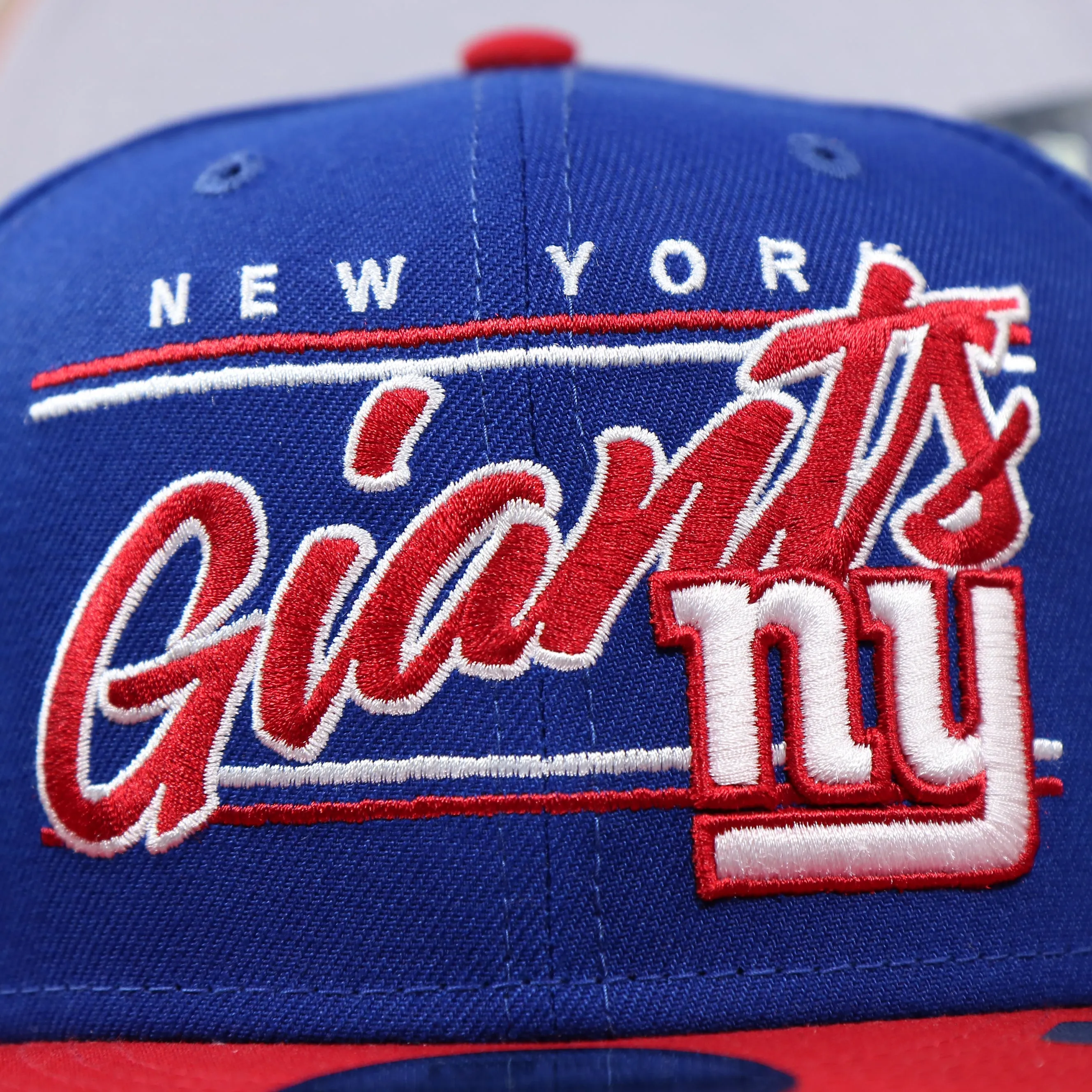 New York Giants Team Script College Bar Gray Bottom 9Fifty Snapback | Royal Blue And Red Snap Cap