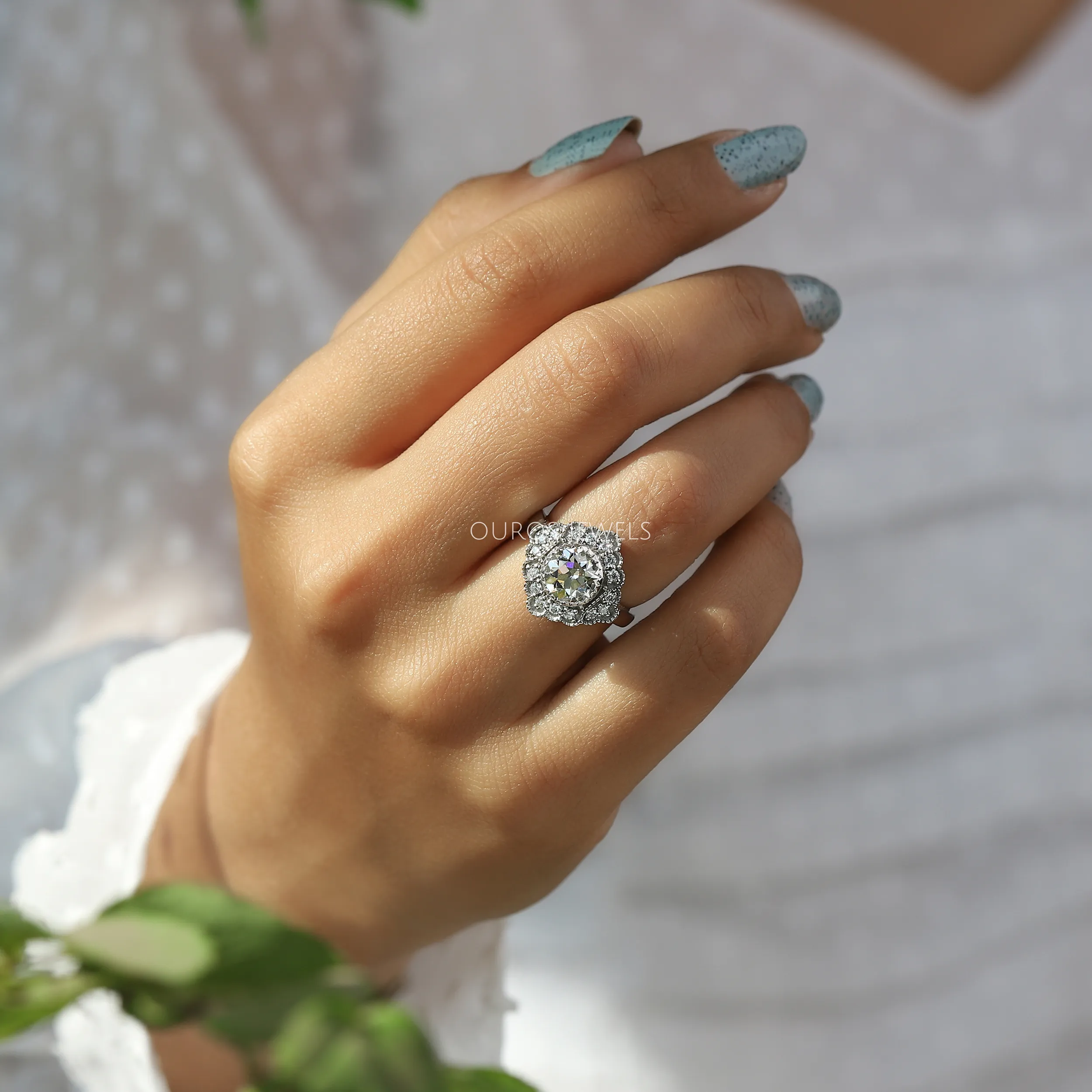 Old European Round Cut Art Deco Halo Engagement Ring