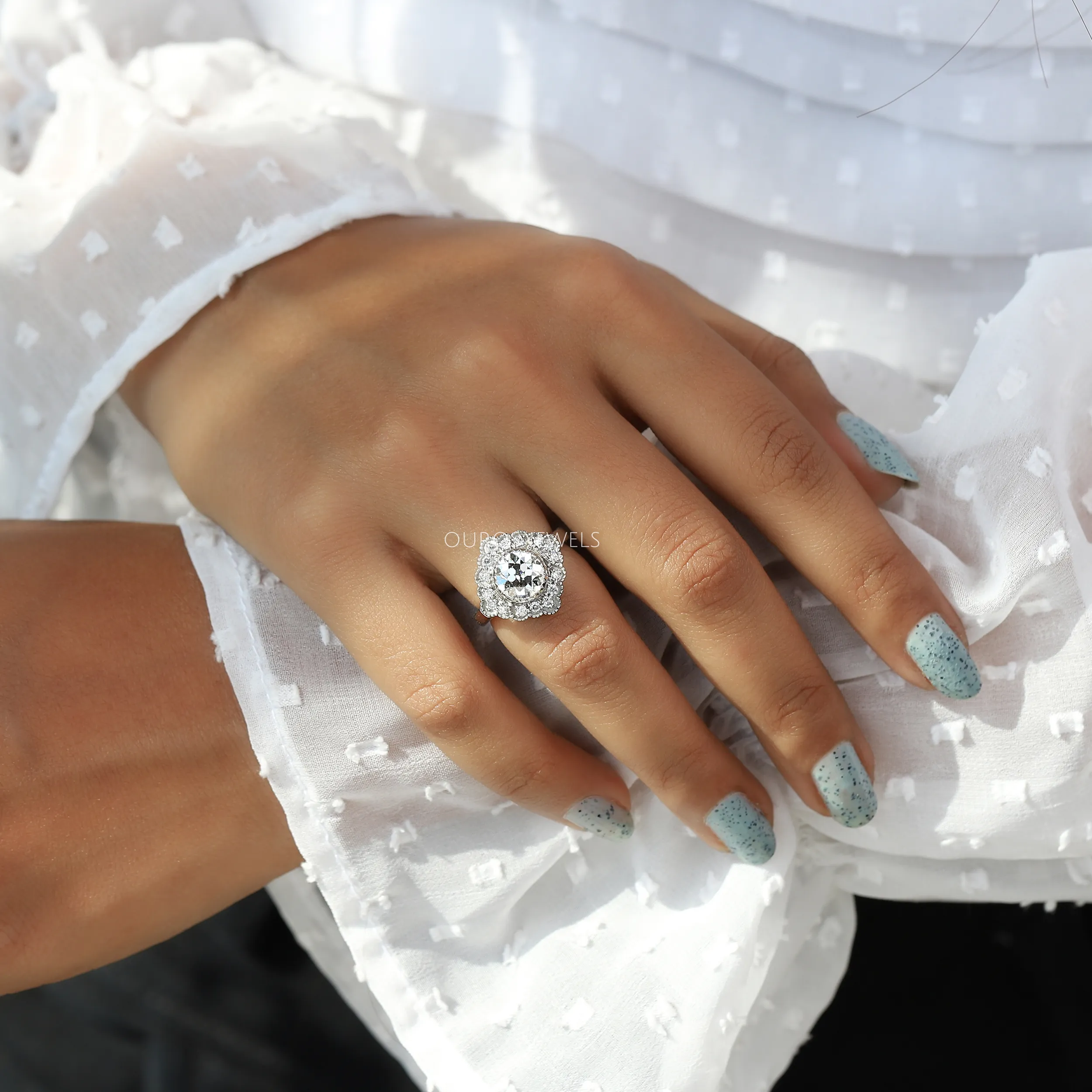 Old European Round Cut Art Deco Halo Engagement Ring