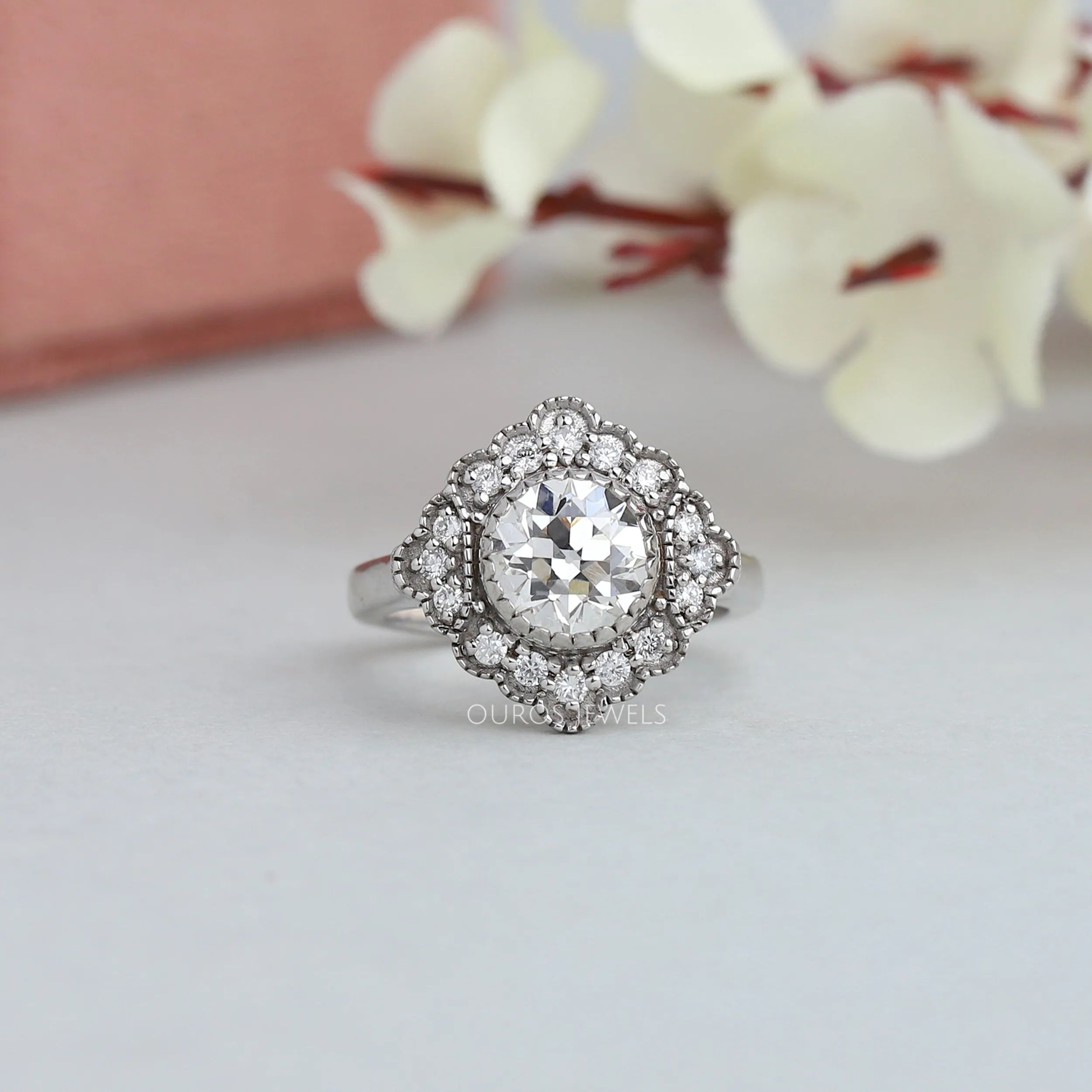 Old European Round Cut Art Deco Halo Engagement Ring