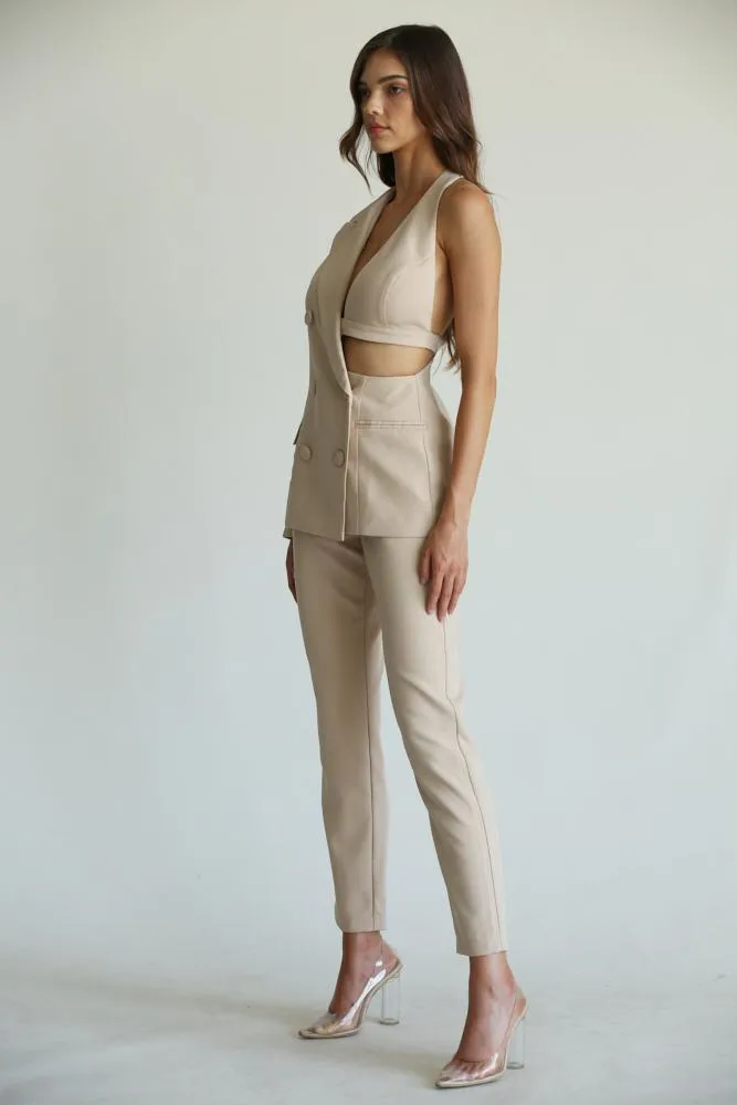 One Shoulder Nude Two Piece Pant Suit Set