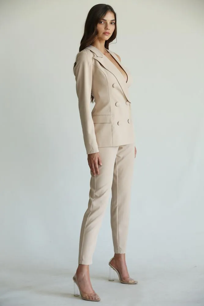 One Shoulder Nude Two Piece Pant Suit Set