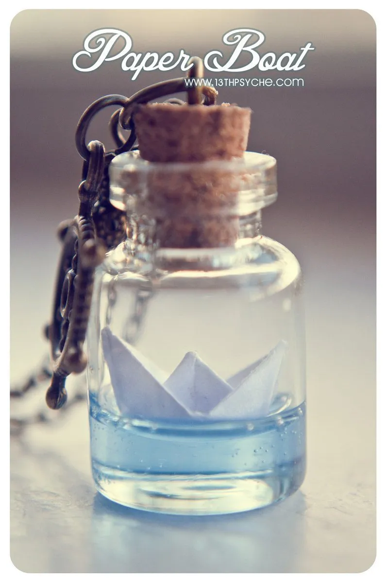 Origami paper boat bottle pendant necklace