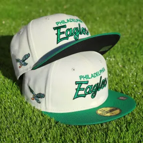 Philadelphia Eagles Throwback Wordmark Jersey Script Chrome/Kelly Green Black UV Side Patch 59Fifty Fitted Cap | Cap Swag Exclus