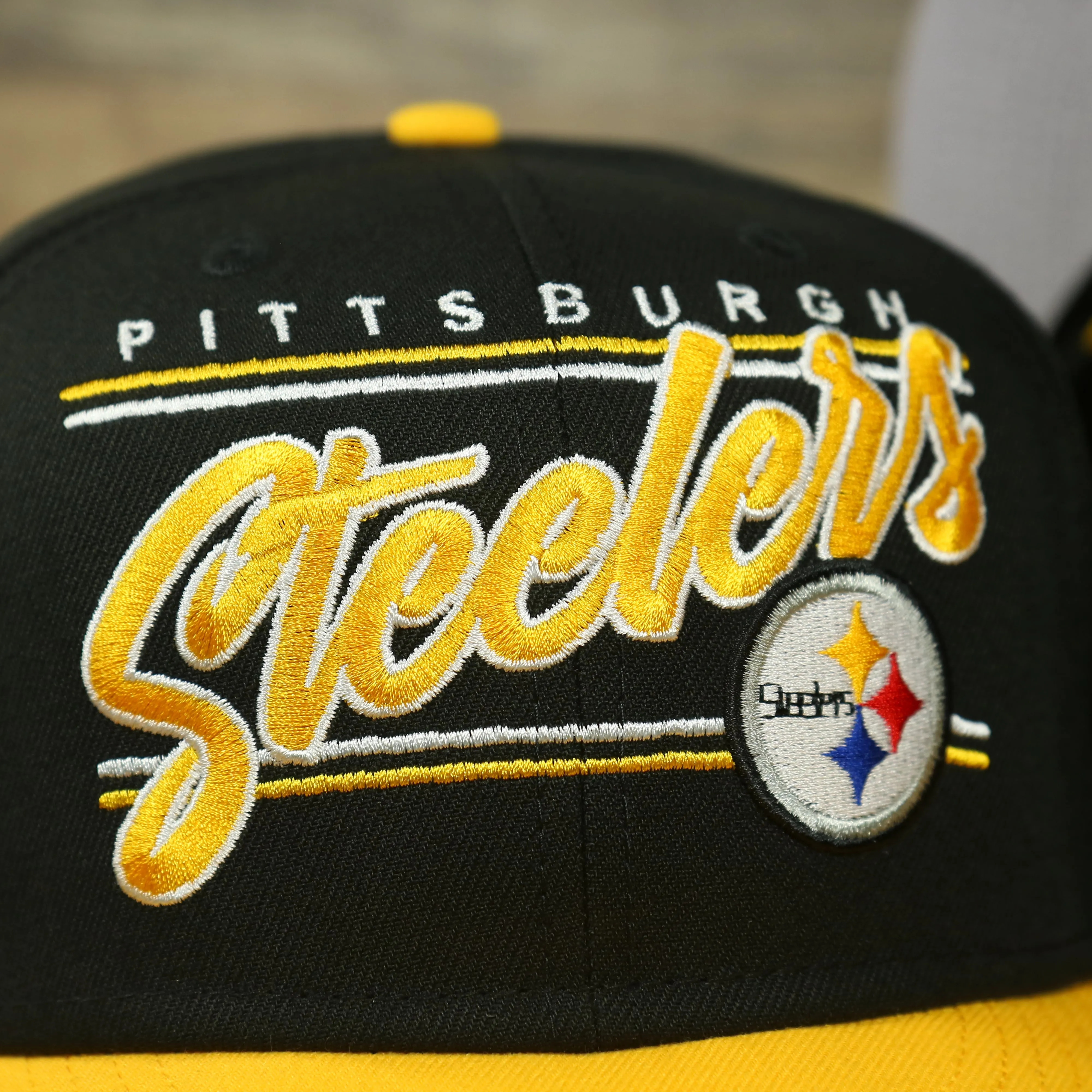 Pittsburgh Steelers Team Script College Bar 9Fifty Snapback Hat | Black/Yellow Steelers 950 Snap Cap