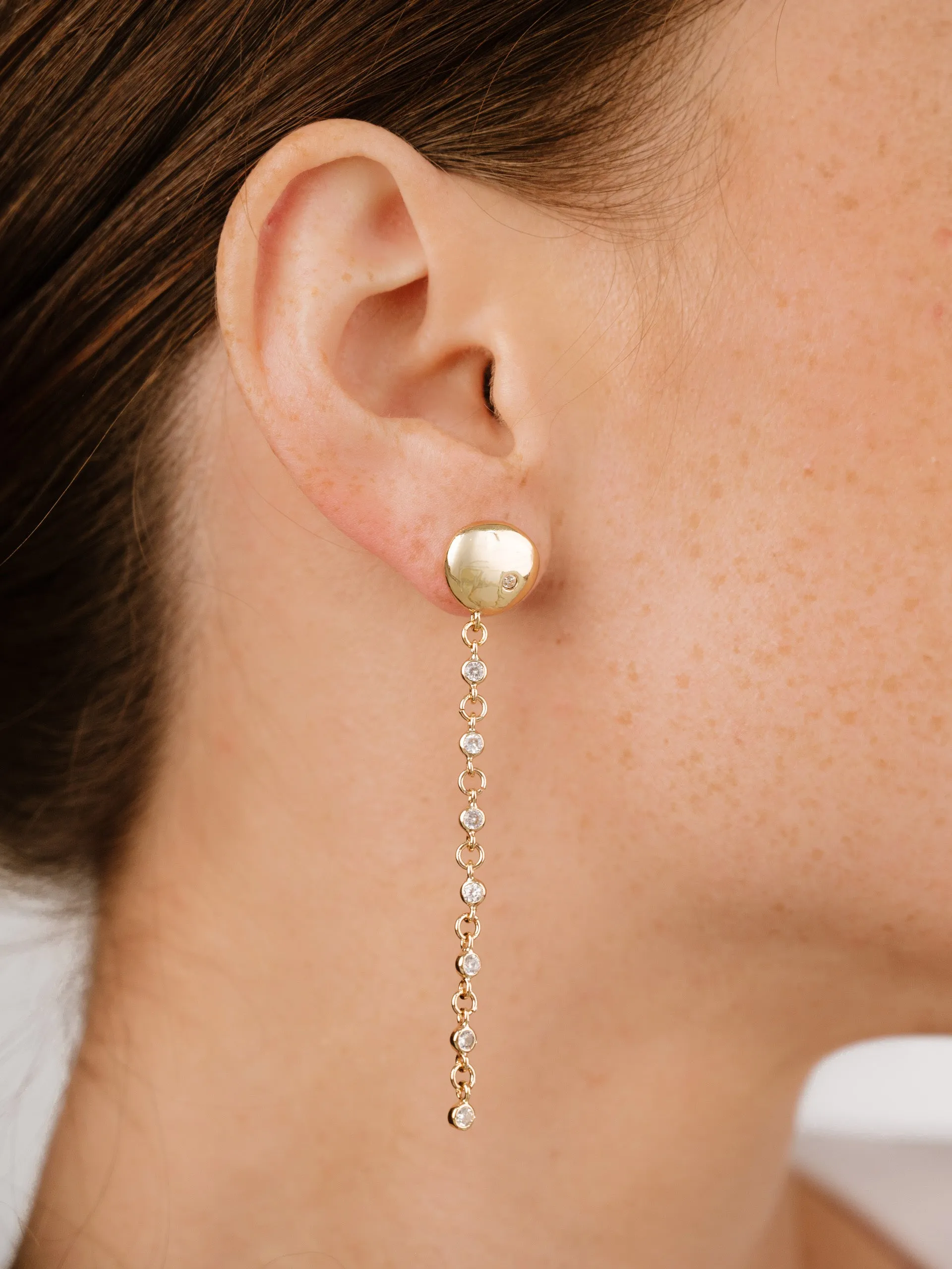 Polished Pebble Linear Crystal Chain Drop Earrings