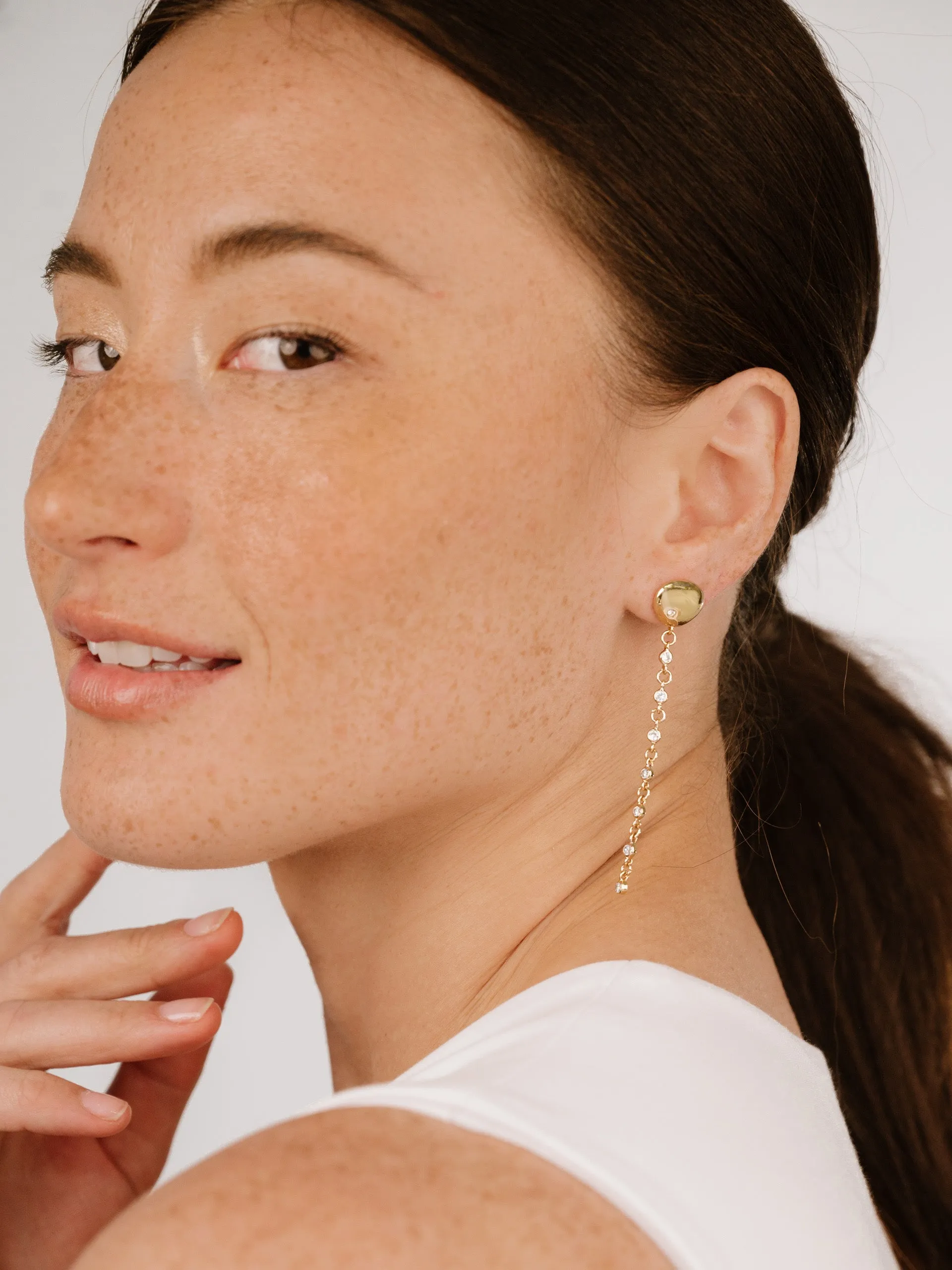 Polished Pebble Linear Crystal Chain Drop Earrings