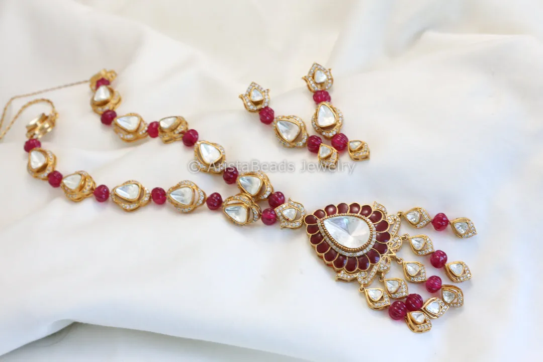 Premium Quality Red Polki Necklace Set